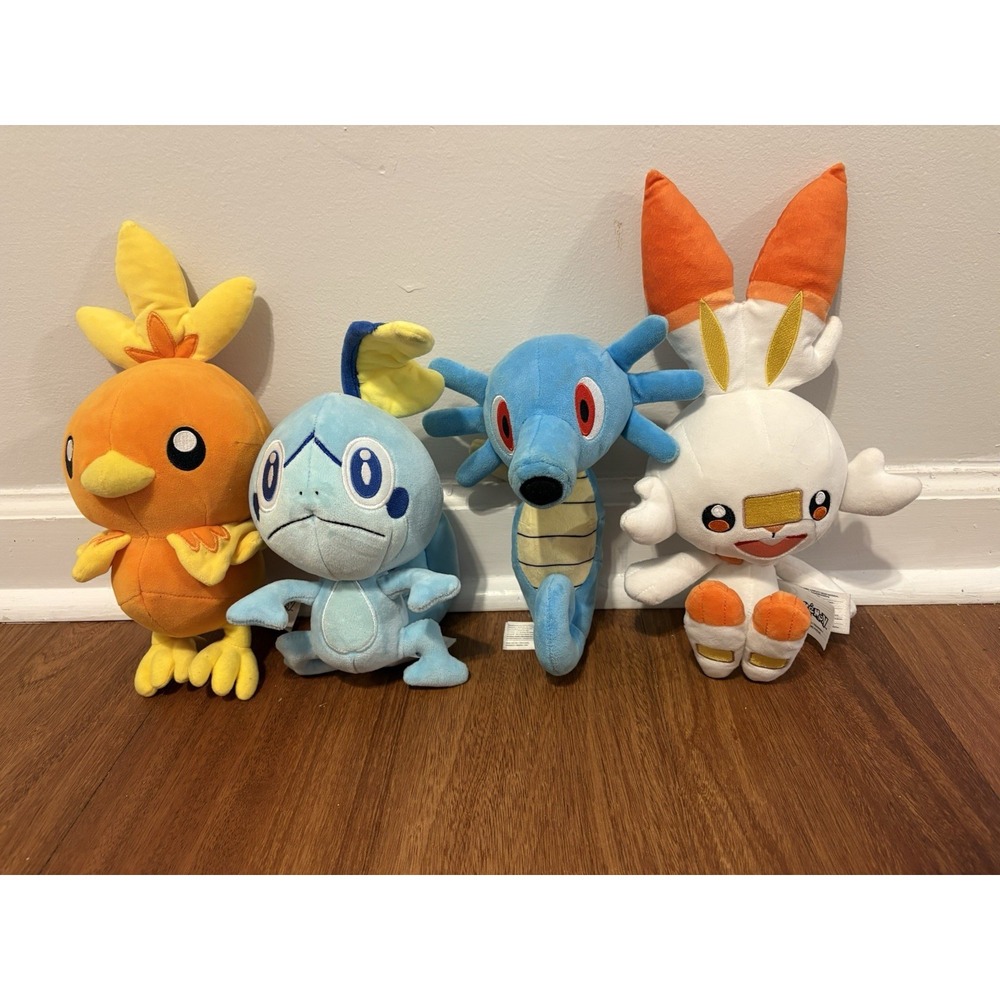 Pokemon Plush Lot of 4 Torchic Scorbunny Sobble Horsea Jazwares 8 Inch
